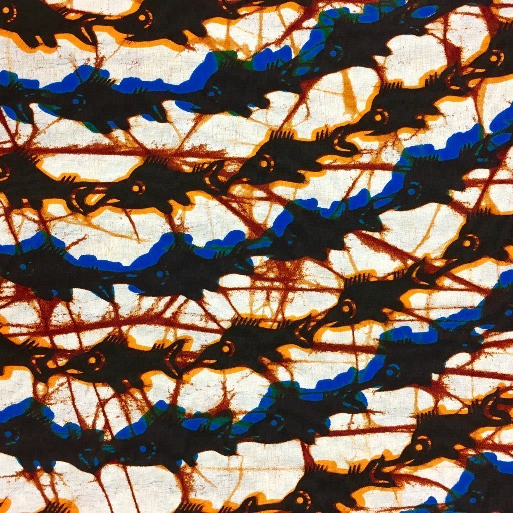 Tissu Wax africain N° 157 Blanc cassé Poissons Noirs