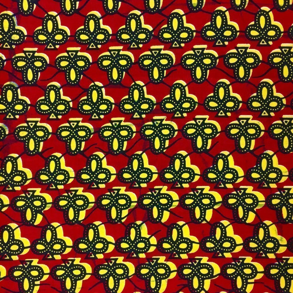 Tissu Wax africain N° 158 Rouge Motifs africain Jaunes
