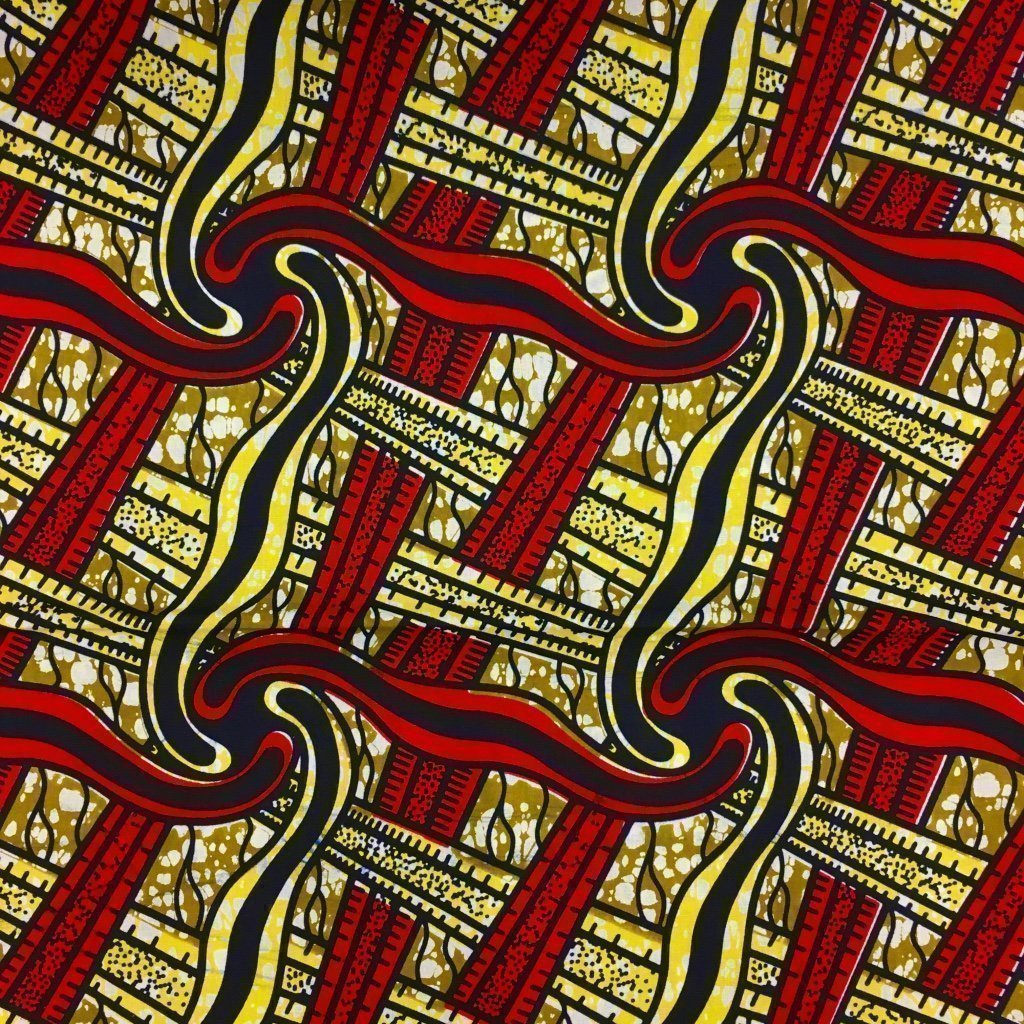 Tissu Wax africain N° 159 Rouge Motifs africain Jaunes