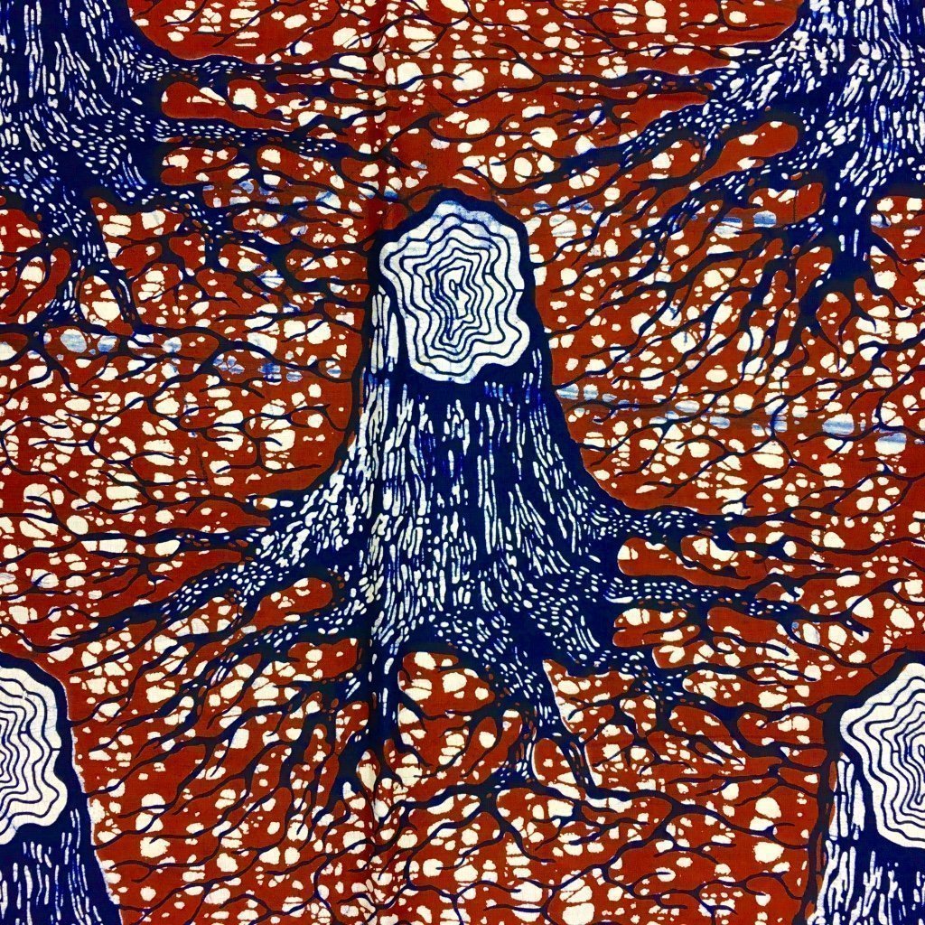 Tissu Wax africain N° 160 Marron Arbres Bleu marine