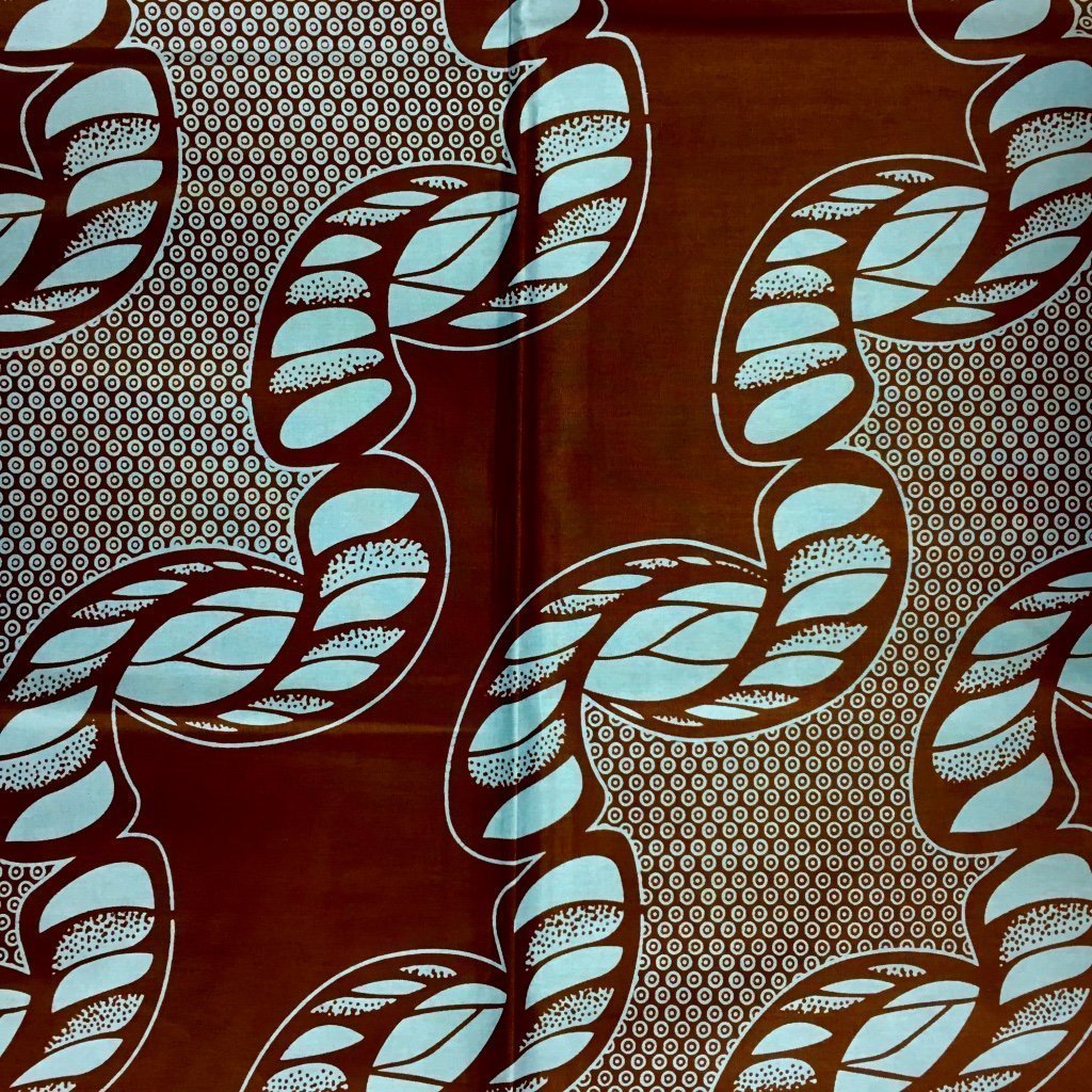 Tissu Wax africain Enduit n°163 Bleu turquoise Motifs africain Marrons