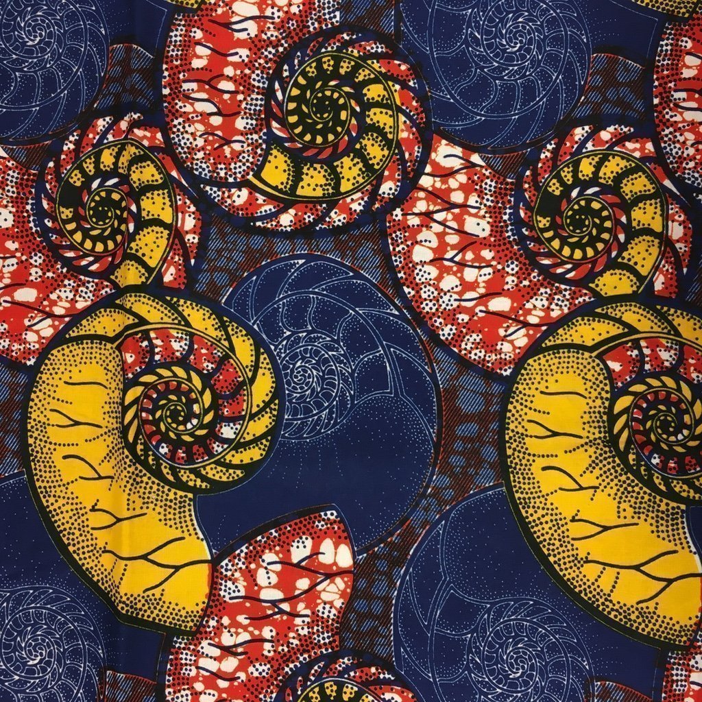 Tissu Wax africain N° 167 Bleu marine Coquillages Jaunes et oranges
