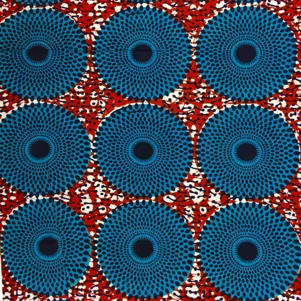 Tissu Wax africain N° 170 Rouge Motifs africain Bleu turquoise