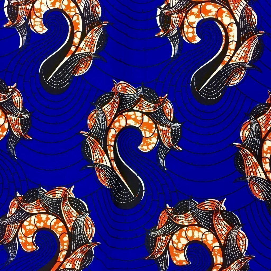 Tissu Wax africain N° 171 Bleu roi Motifs africain Oranges