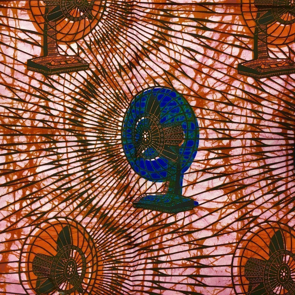 Tissu Wax africain N° 174 Rosé Motifs africain Bleus et oranges