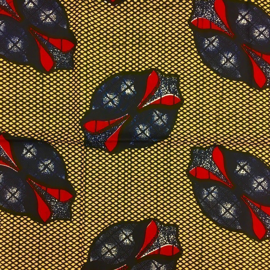 Tissu Wax africain N° 175 Jaune Motifs africain Bleus et rouges