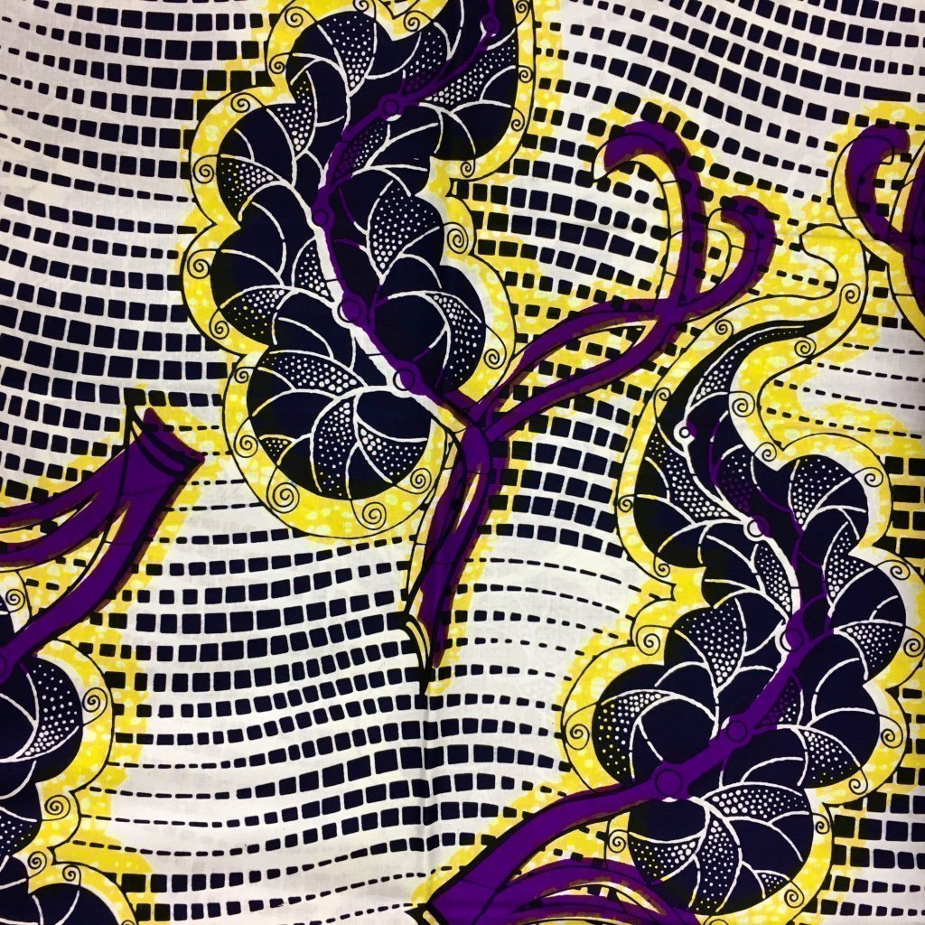 Tissu Wax africain N° 178 Blanc Feuilles Jaunes et violettes