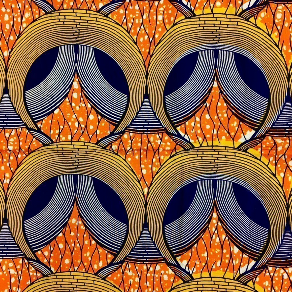 Tissu Wax africain N° 179 Orange Motifs africain Jaunes
