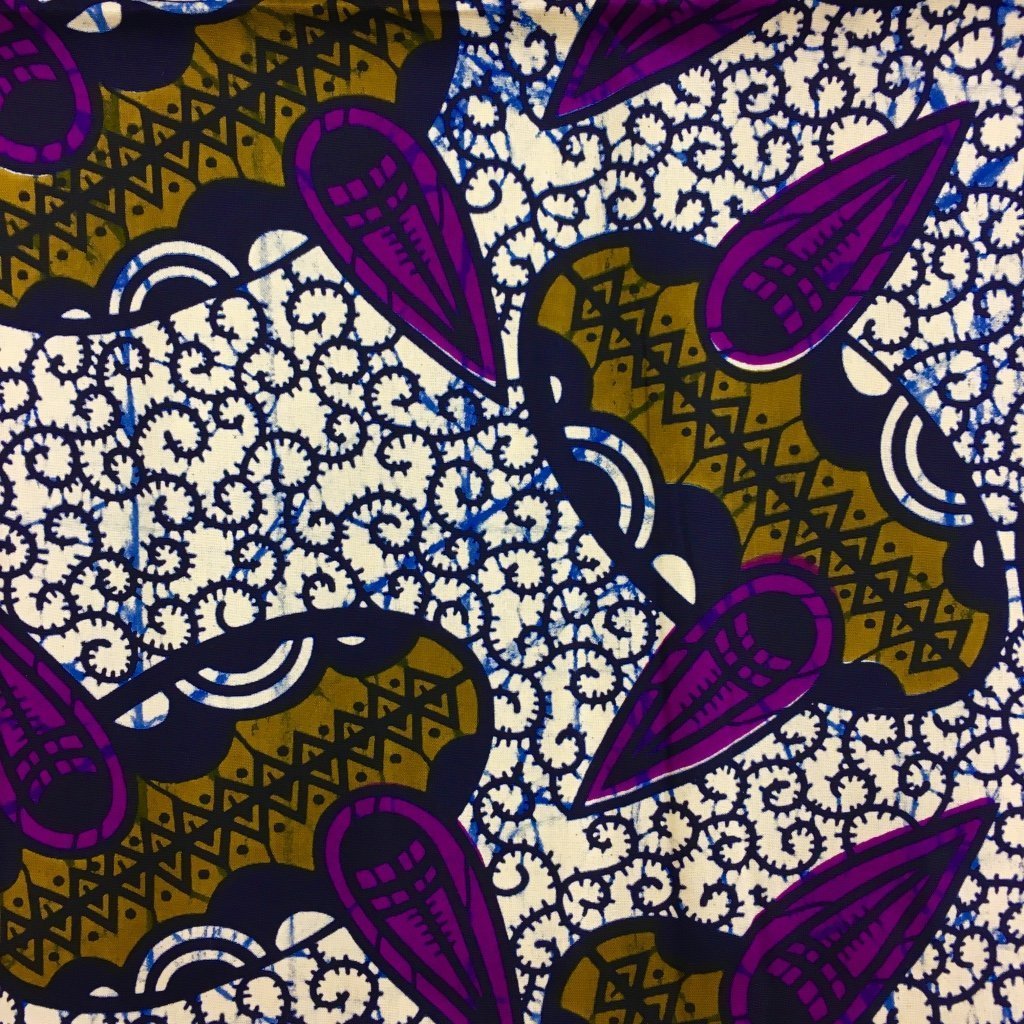 Tissu Wax africain N° 181 Blanc cassé Motifs africain Marrons et violets