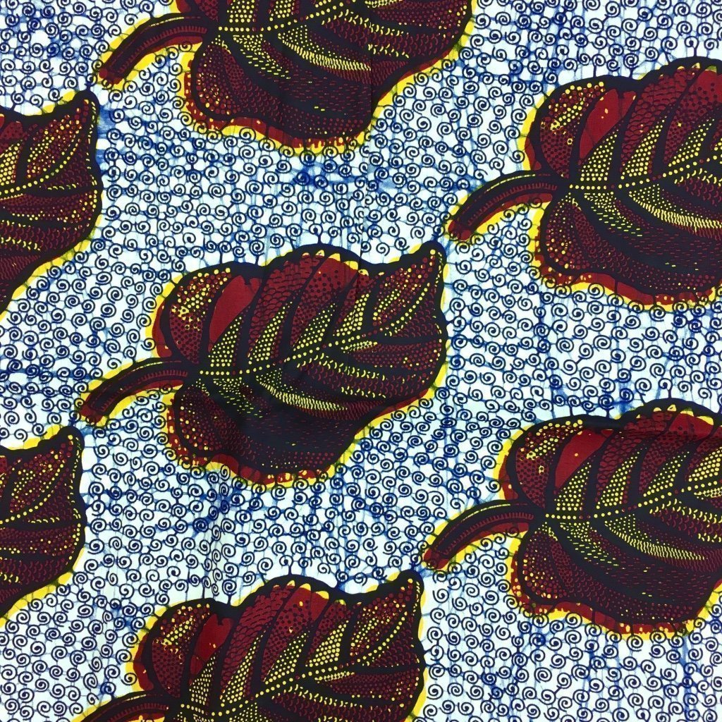 Tissu Wax africain N° 182 Banc Feuilles Rouges et jaunes