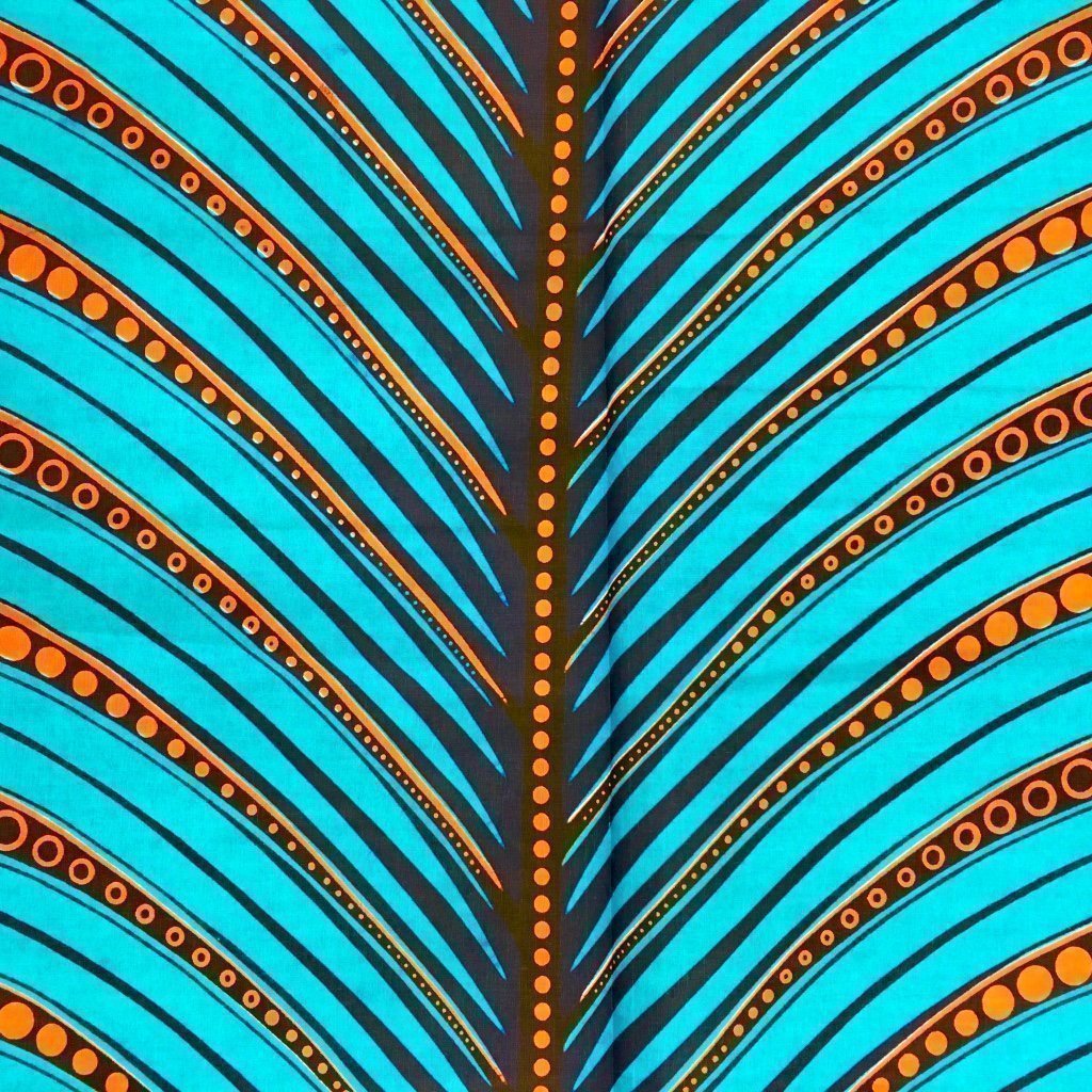 Tissu Wax africain N° 183 Bleu turquoise Feuilles Oranges