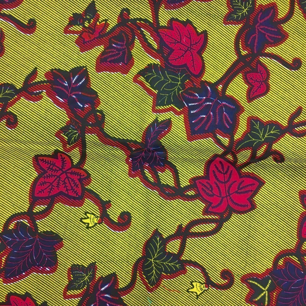 Tissu Wax africain N° 187 Jaune Feuilles Rouges et bleues