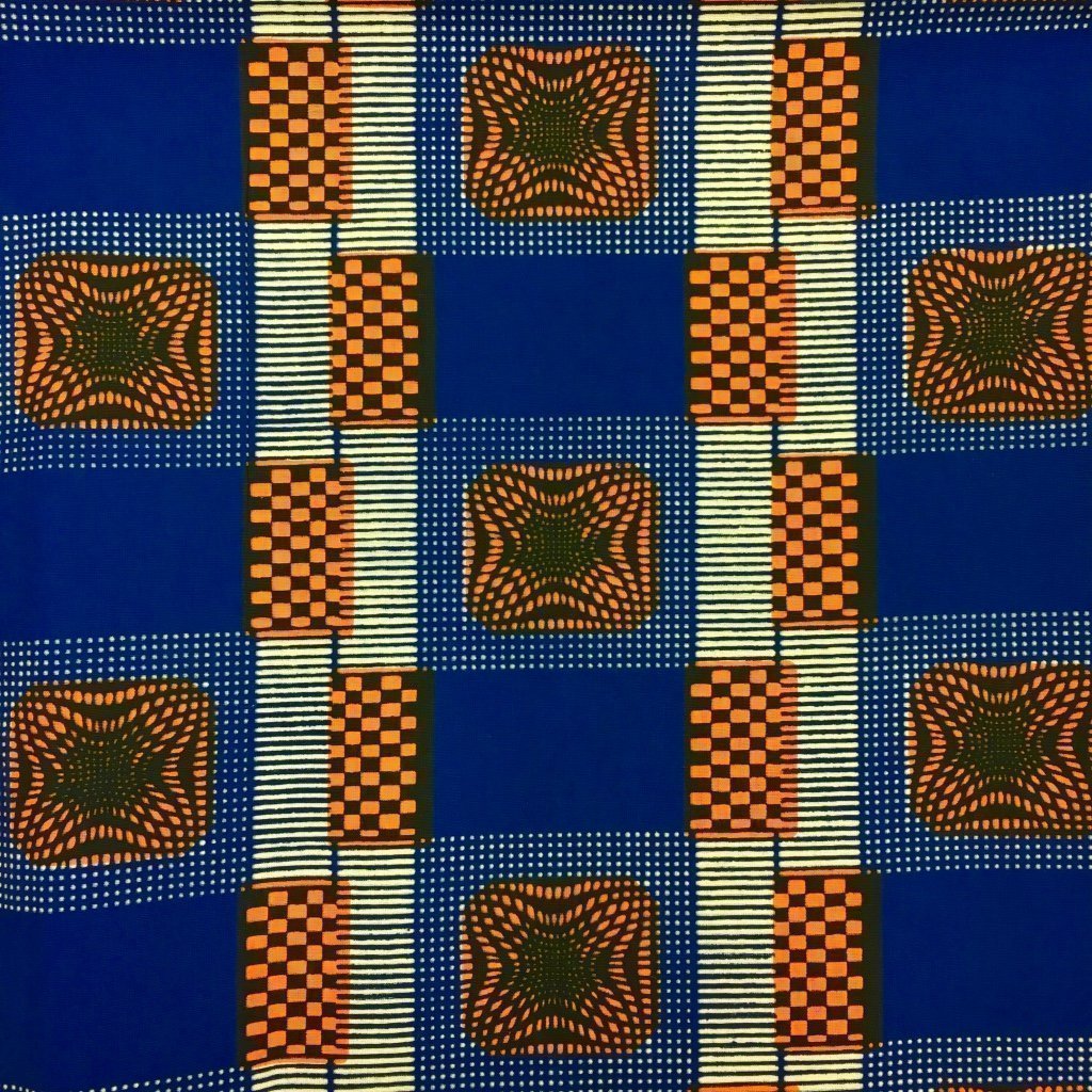 Tissu Wax africain N° 188 Bleu roi Motifs africain Oranges