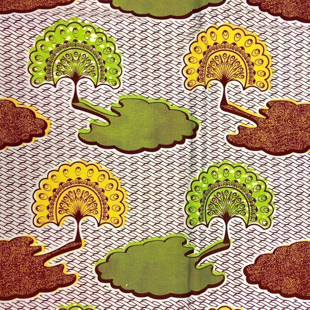 Tissu Wax africain N° 190 Blanc cassé Motifs africain Verts et jaunes