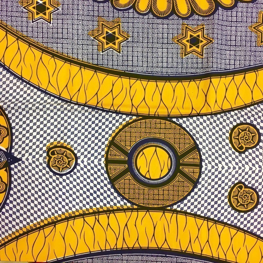 Tissu Wax africain N° 191 Blanc Motifs africain Jaunes