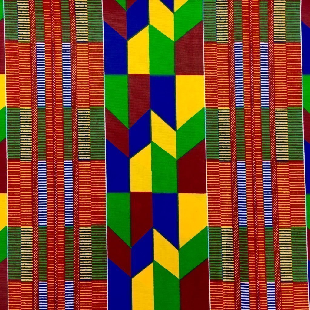 Tissu Wax africain N° 192 Orange et vert Motifs africain Jaunes et bleus