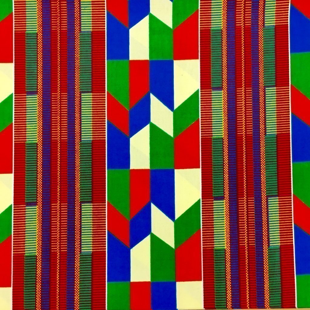 Tissu Wax africain N° 195 Vert Motifs africain Rouges et bleus