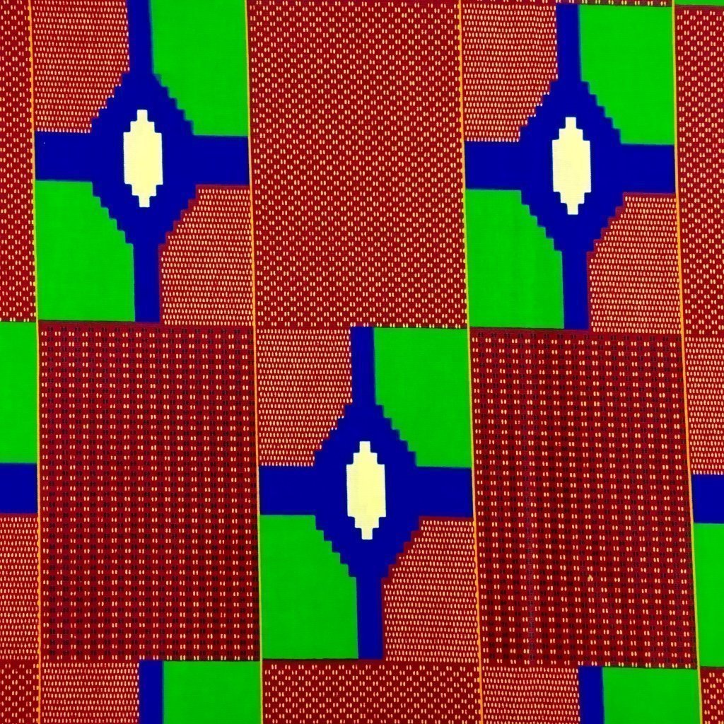 Tissu Wax africain Enduit n°196 Rouge Motifs africain Verts et bleus