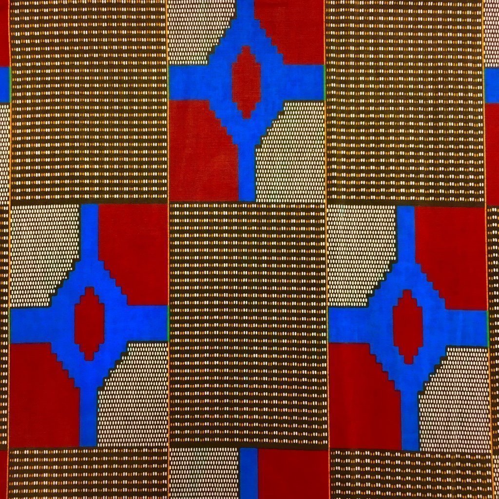 Tissu Wax africain Enduit n°198 Noir Motifs africain Rouges et bleus