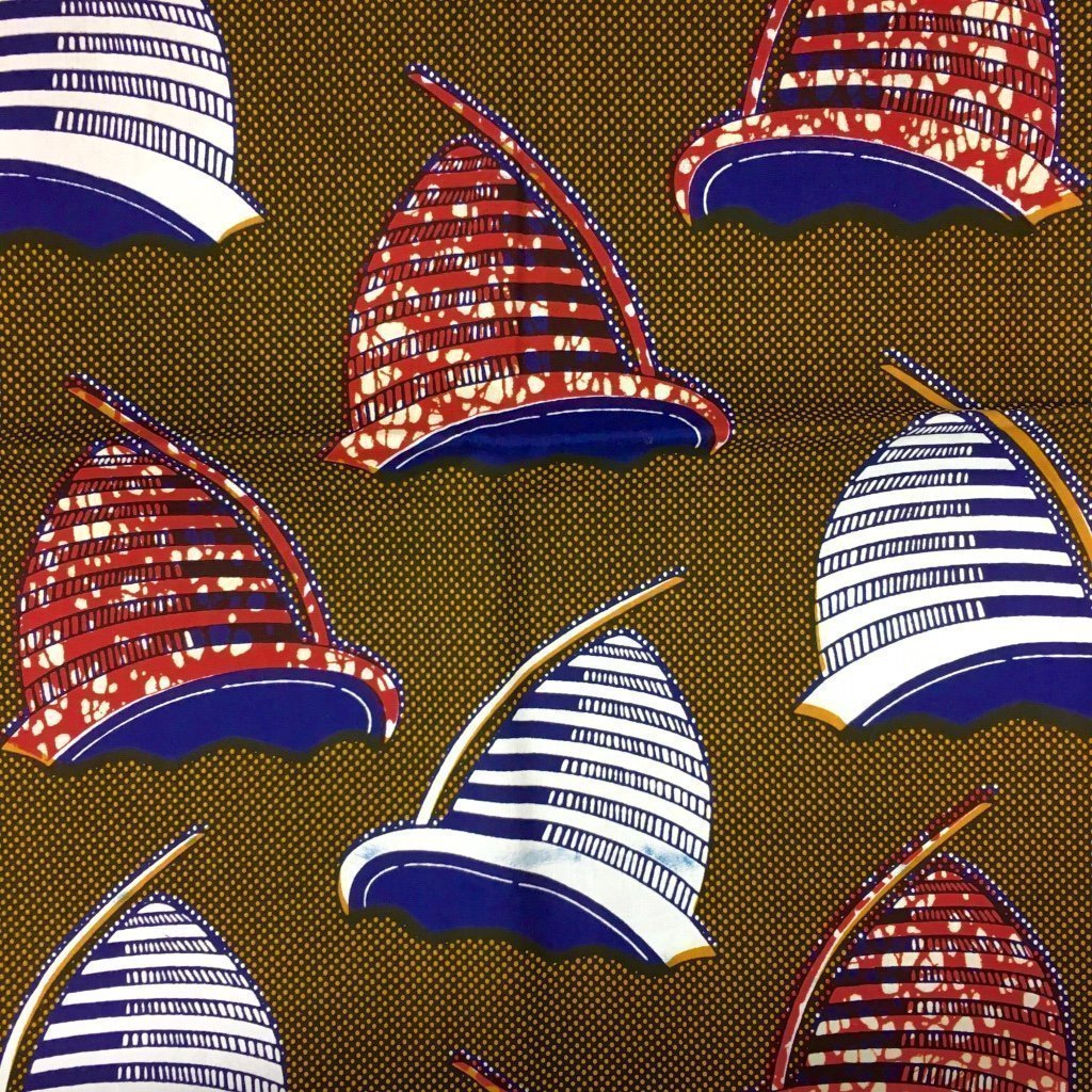 Tissu Wax africain N° 201 Jaune Coquillages Rouges et blancs