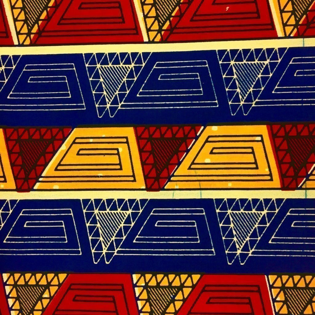 Tissu Wax africain N° 202 Bleu marine Motifs africain Rouges et jaunes