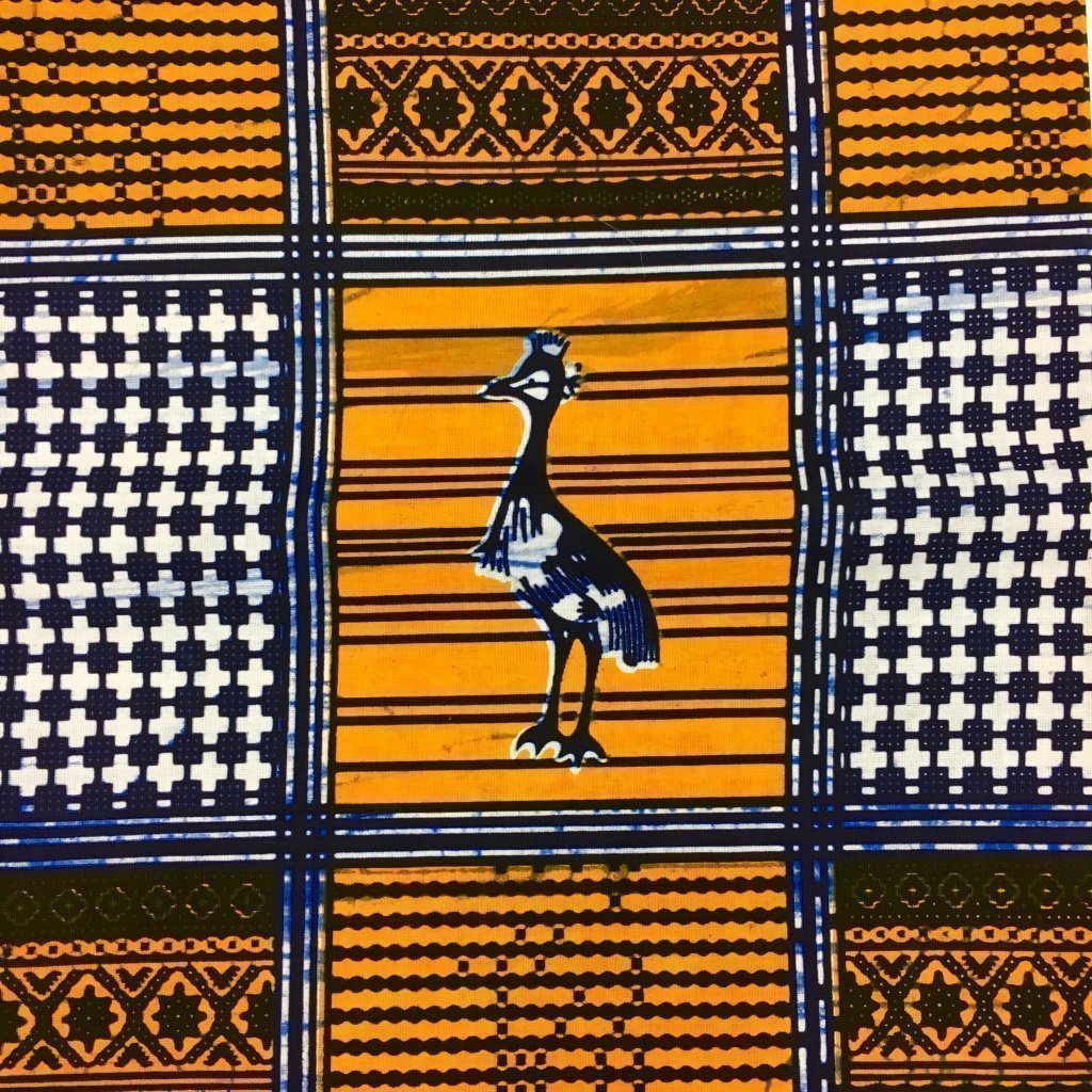 Tissu Wax africain N° 203 Orange Oiseaux Bleu marine