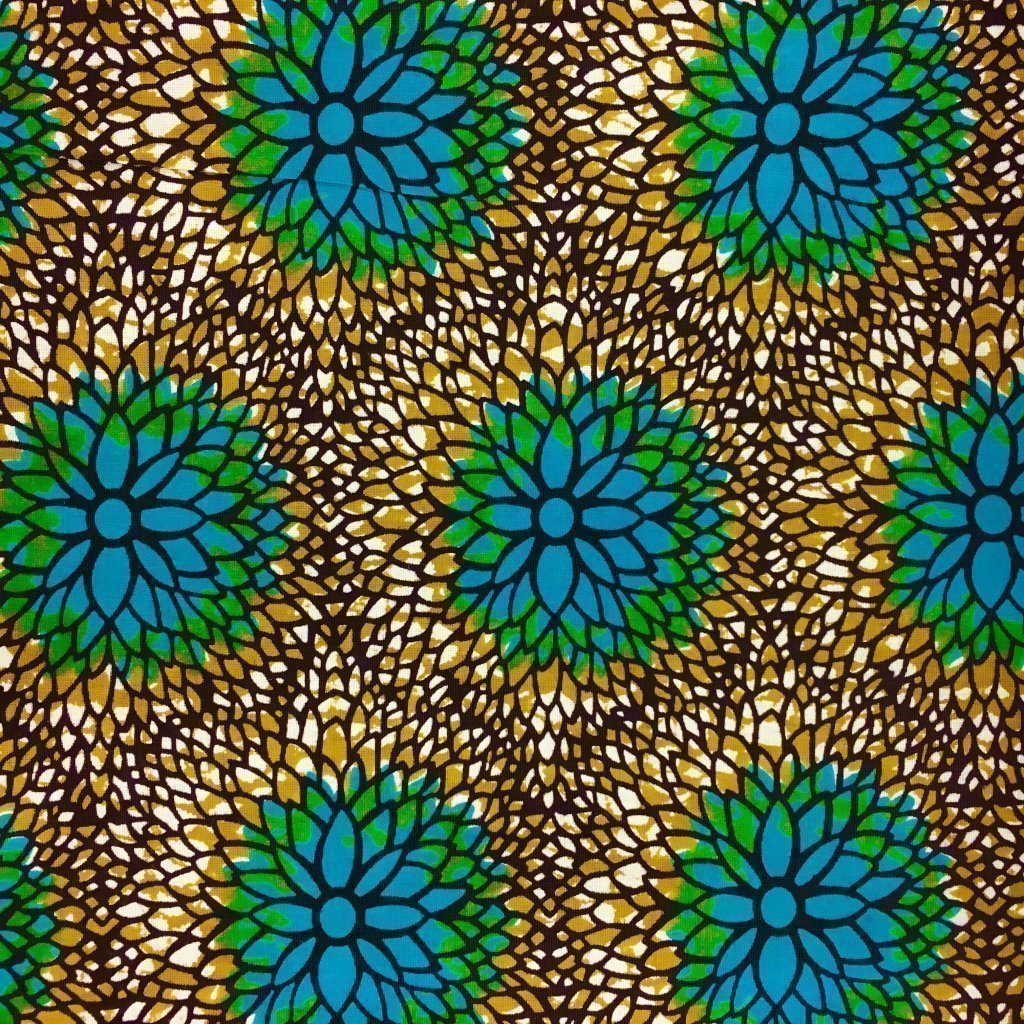 Tissu Wax africain N° 206 Vert kaki Fleurs Bleu turquoise
