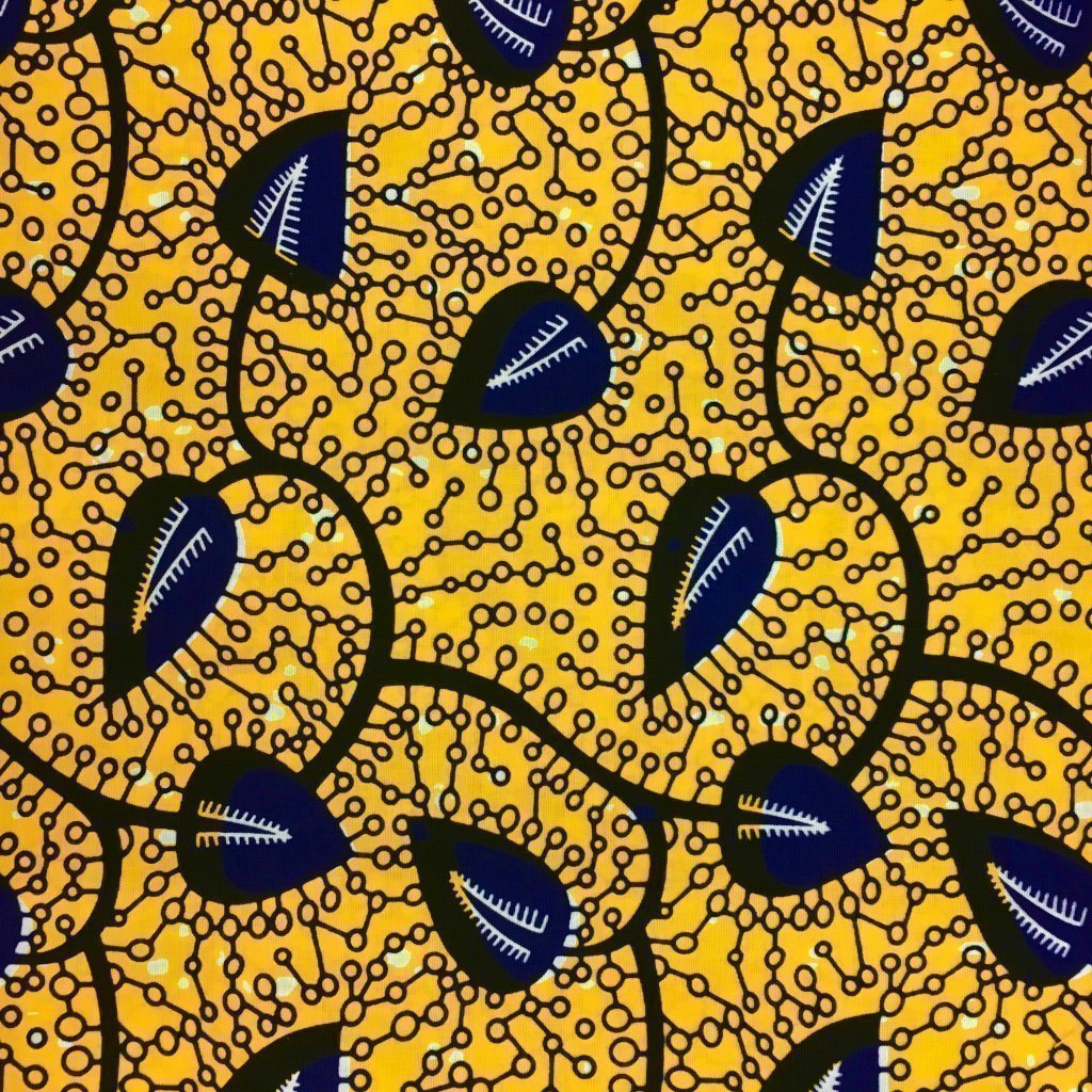 Tissu Wax africain N° 208 Jaune Feuilles Bleu marine