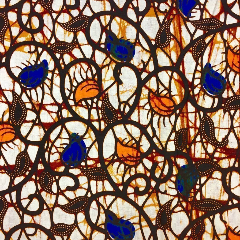 Tissu Wax africain N° 211 Blanc cassé Feuilles Jaunes et bleu roi