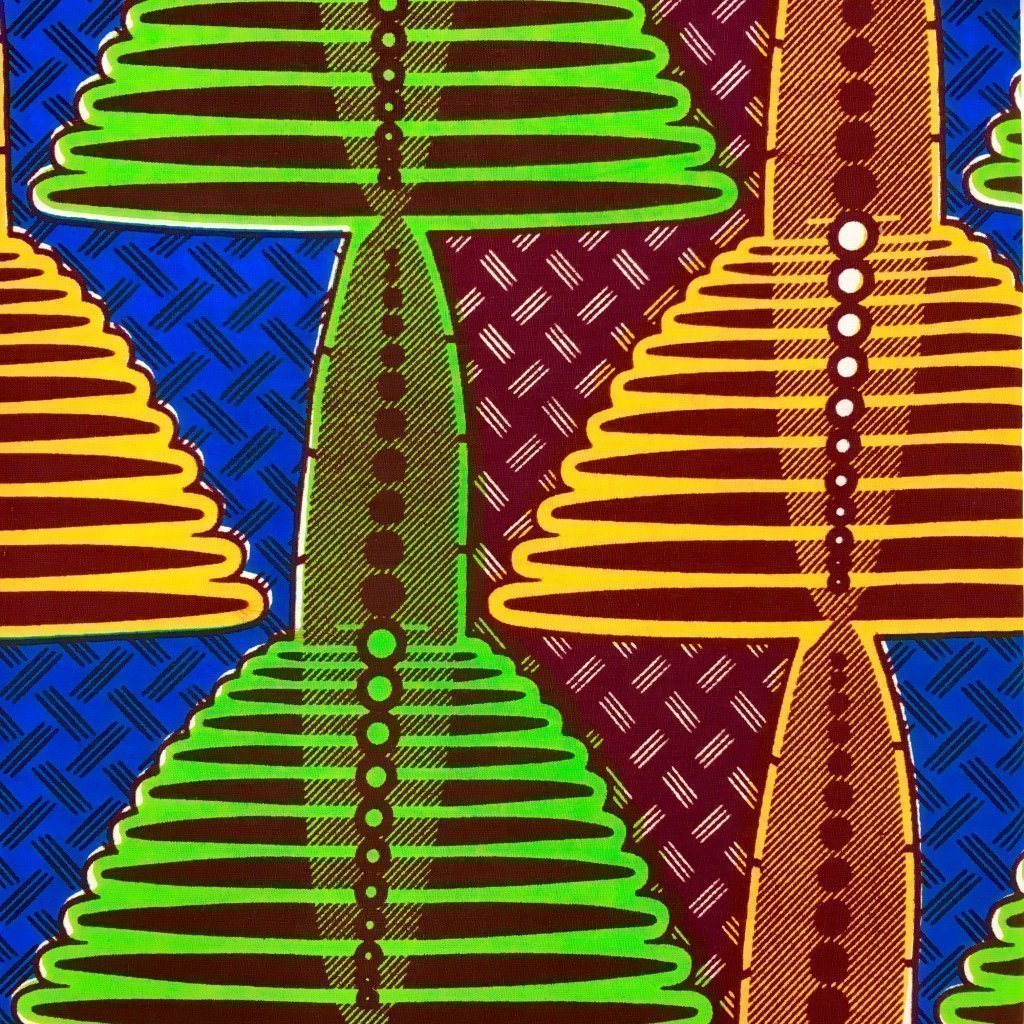 Tissu Wax africain N° 215 Bleu clair Motifs africain Jaunes et verts