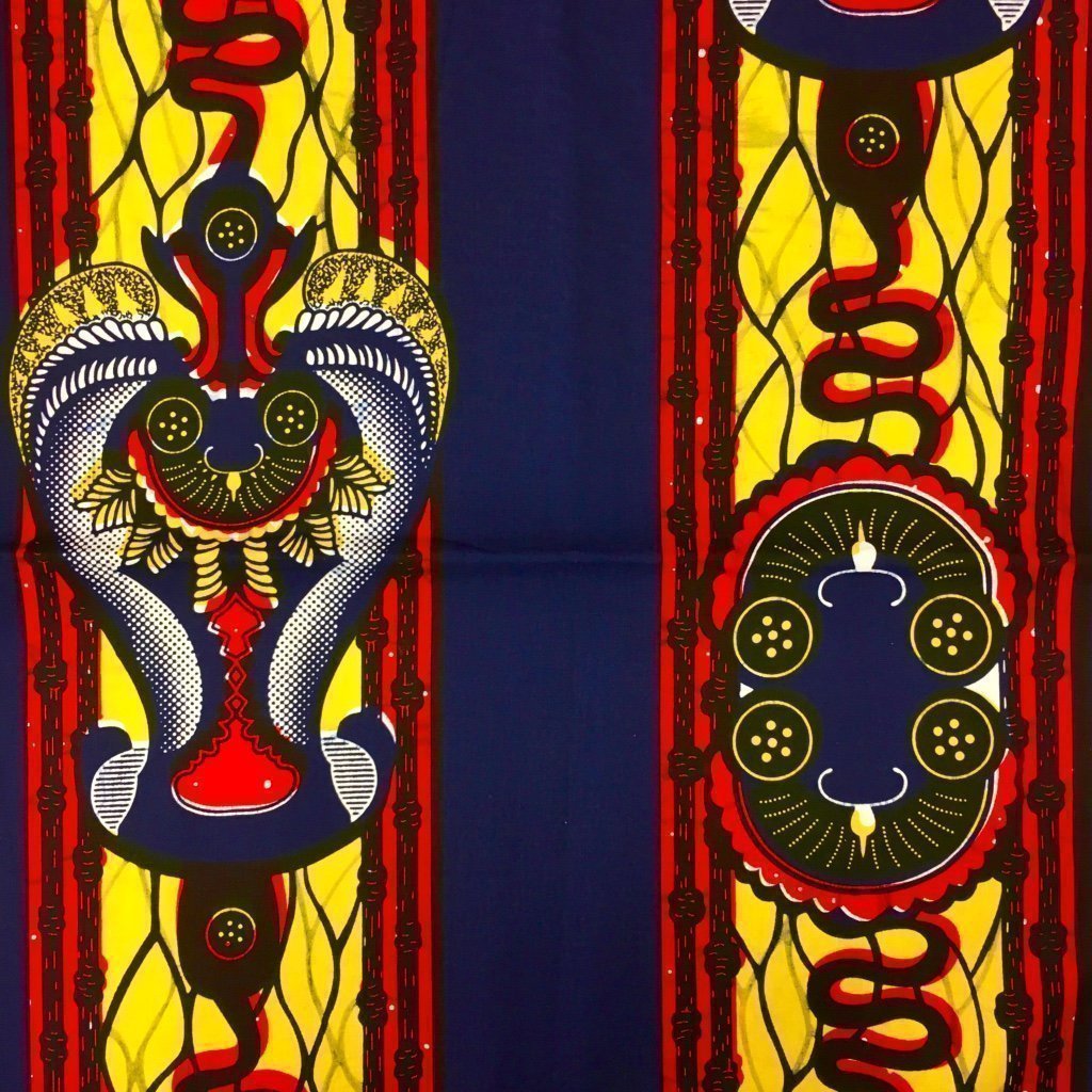Tissu Wax africain N° 216 Bleu marine Motifs africain Jaunes et rouges