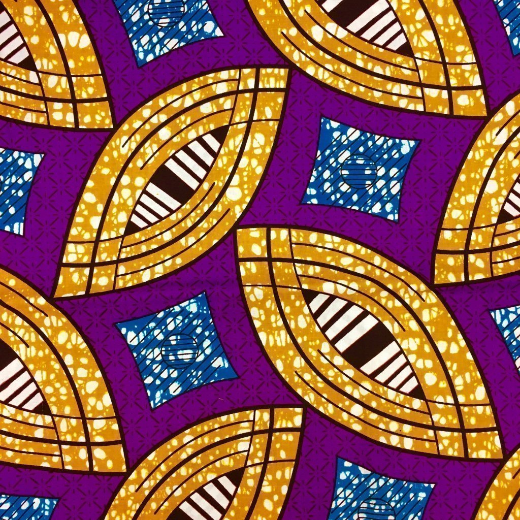 Tissu Wax africain N° 217 Violet Motifs africain Kakis et turquoises