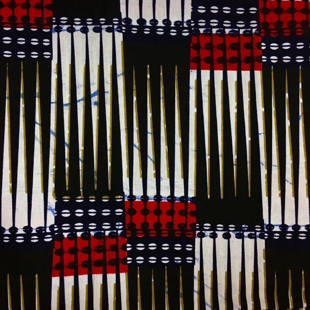 Tissu Wax africain N° 220 Blanc cassé Motifs africain Rouges et noirs