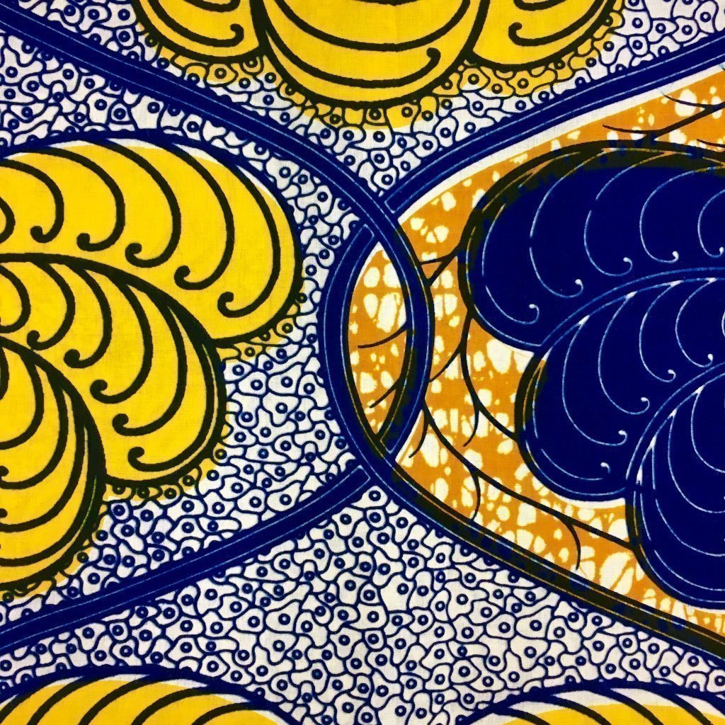 Tissu Wax africain N° 225 Blanc Motifs africain Jaunes et bleu marine