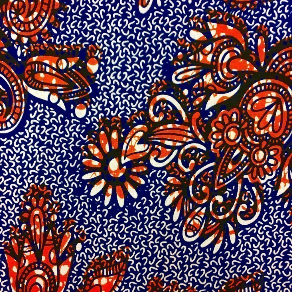 Tissu Wax africain N° 226 Blanc Motifs africain Oranges et bleu marine