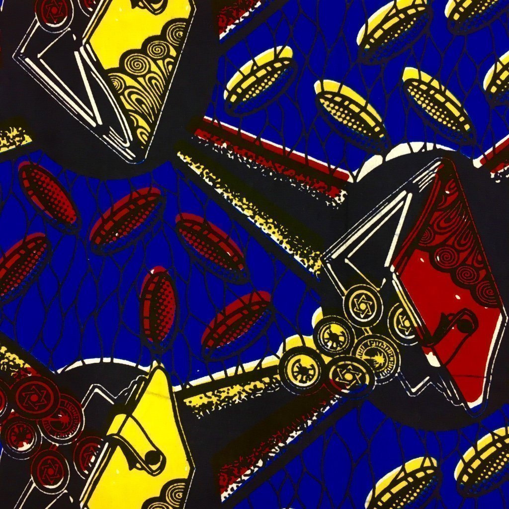 Tissu Wax africain N° 227 Bleu roi Motifs africain Jaunes et rouges