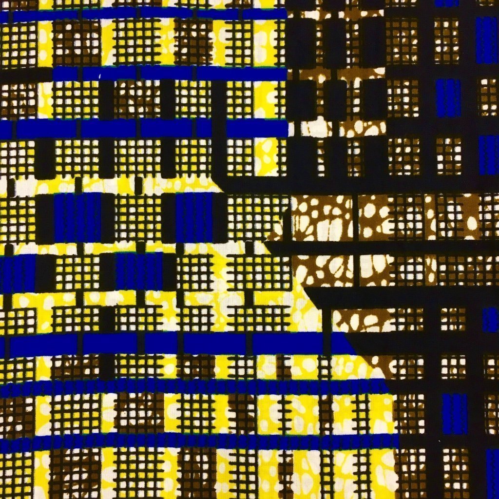 Tissu Wax africain N° 228 Marron Motifs africain Jaunes et bleu marine