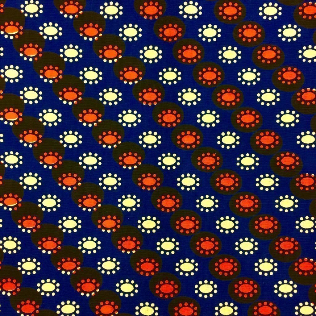 Tissu Wax africain N° 229 Bleu marine Motifs africain Oranges et jaunes