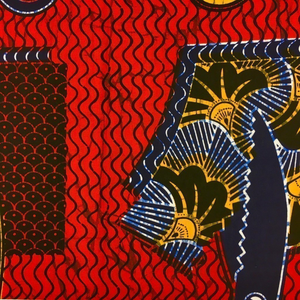 Tissu Wax africain N° 230 Rouge Motifs africain Jaunes et blancs