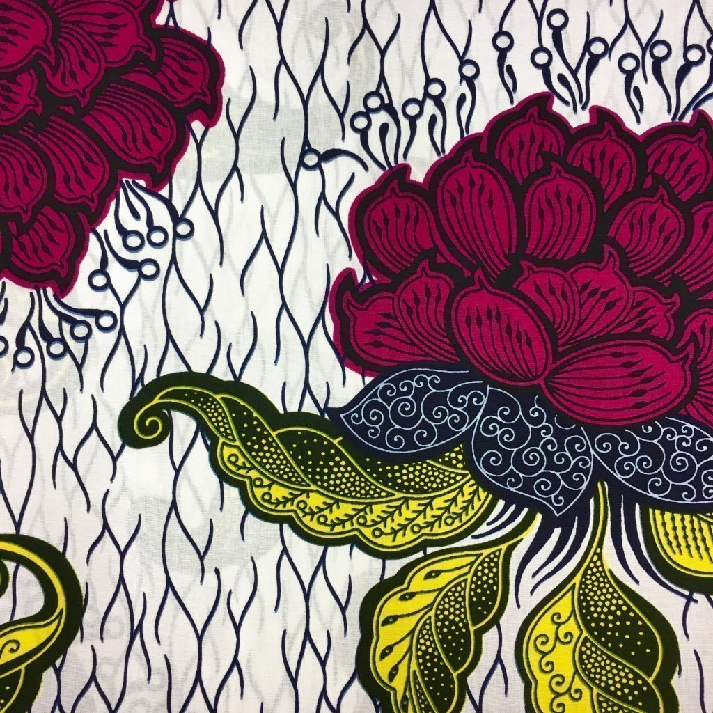 Tissu Wax africain N° 231 Blanc Fleurs Roses et jaunes