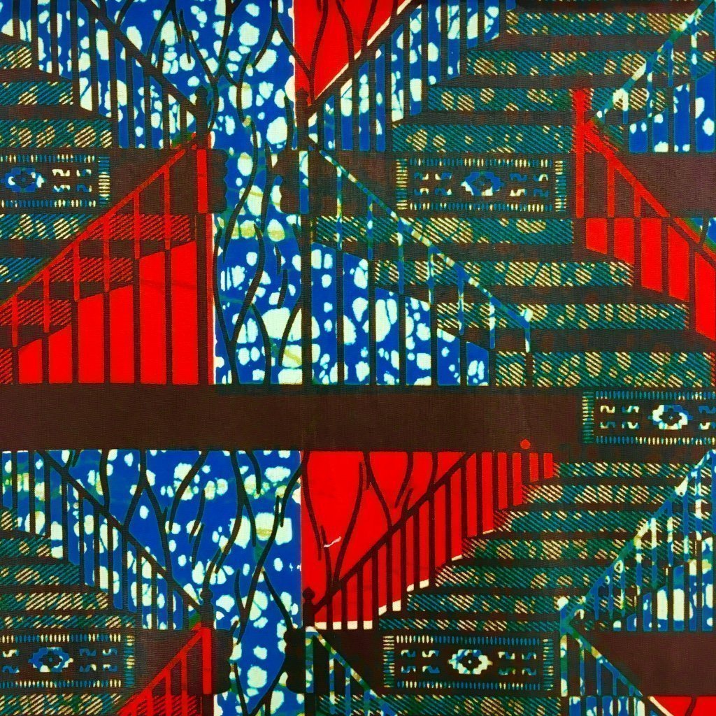 Tissu Wax africain Enduit n°232 Bleu turquoise Motifs africain Oranges