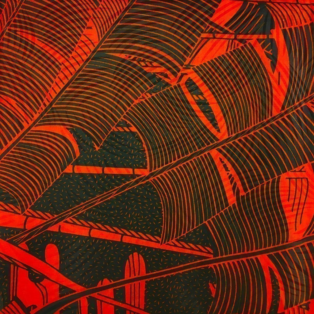 Tissu Wax africain Enduit n°233 Bleu marine Feuilles Oranges