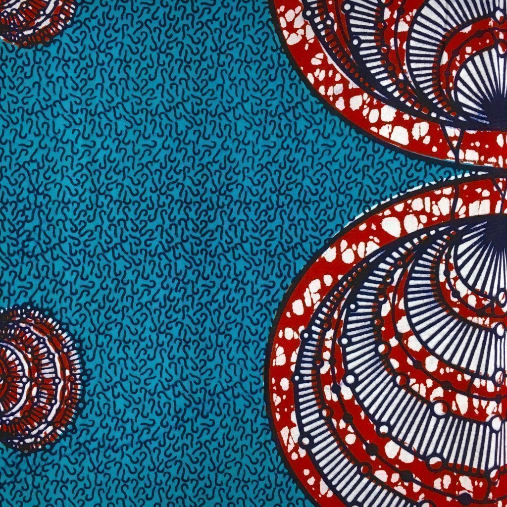 Tissu Wax africain N° 234 Bleu turquoise Motifs africain Rouges et blancs