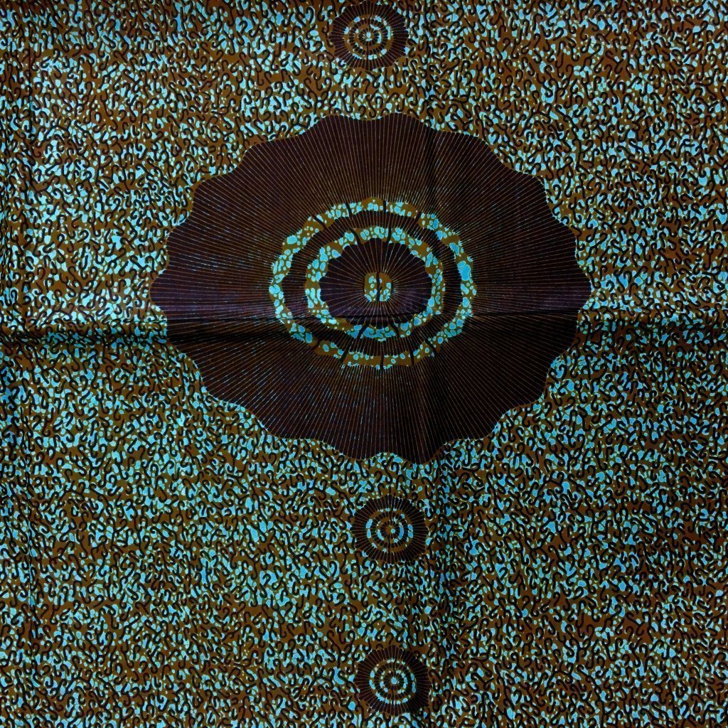 Tissu Wax africain N° 235 Bleu turquoise Motifs africain Marrons