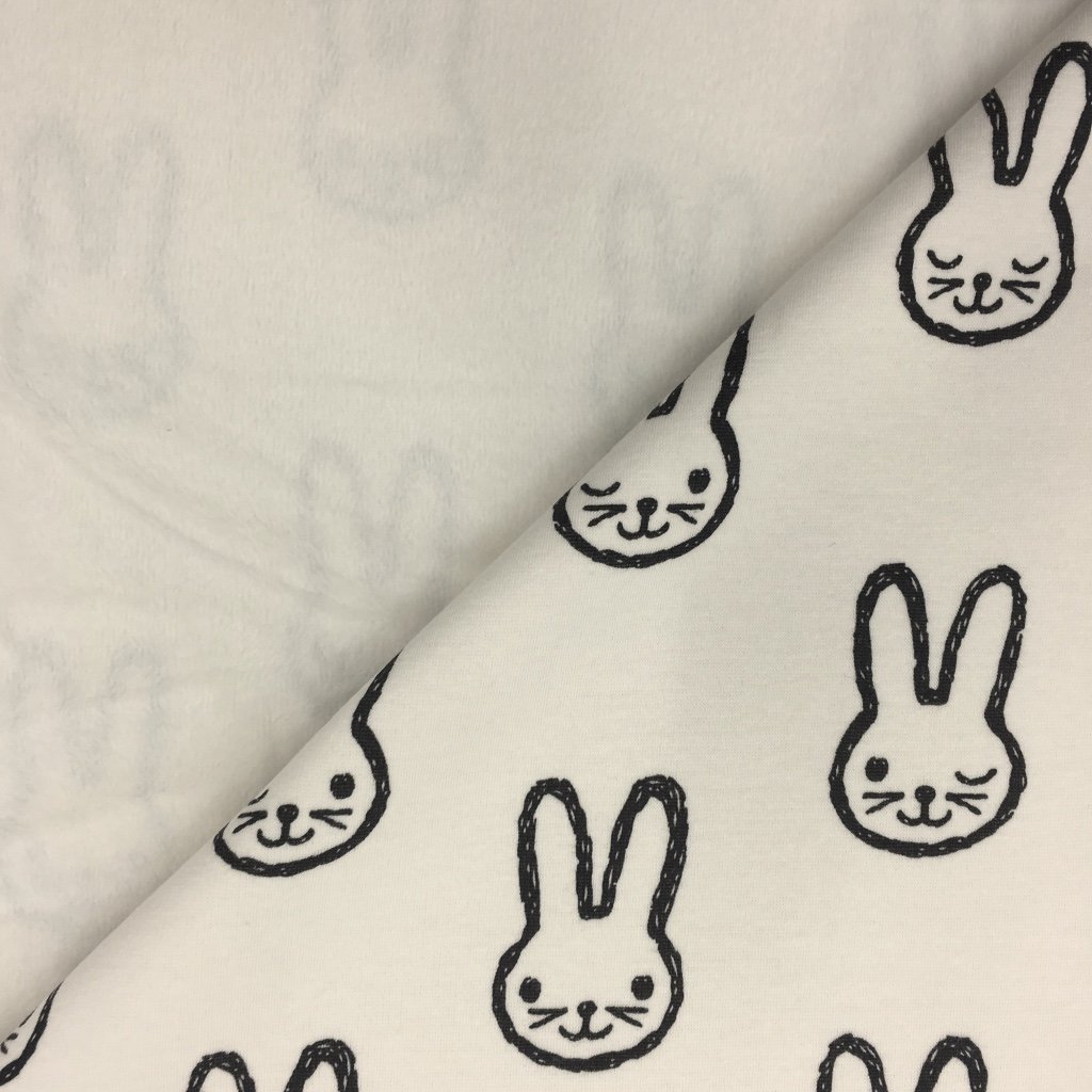 Tissu Sweat Envers Minky Blanc cassé Lapins Noir