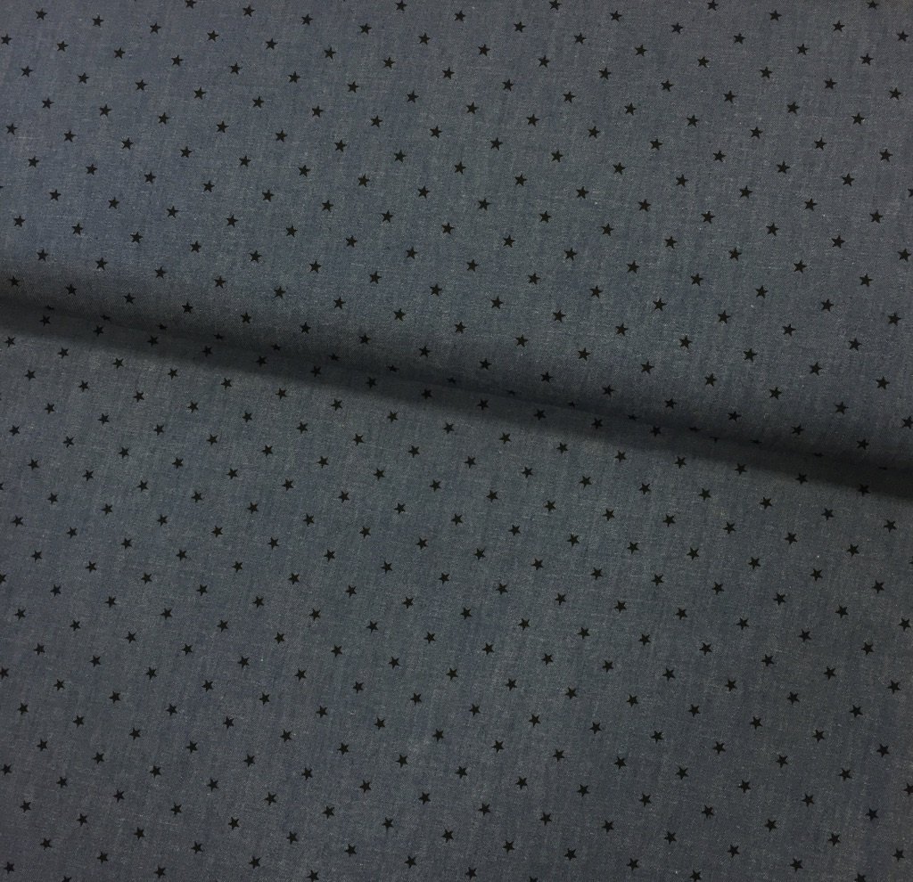 Tissu Chambray Bleu jean foncé Etoiles Noires
