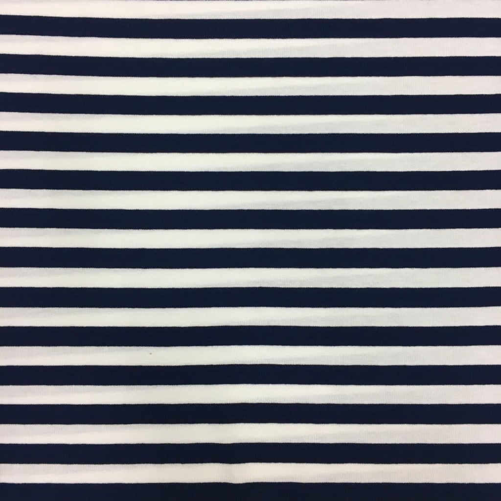 Tissu Jersey Viscose Marinière Rayures 1 cm Bleu marine et blanc