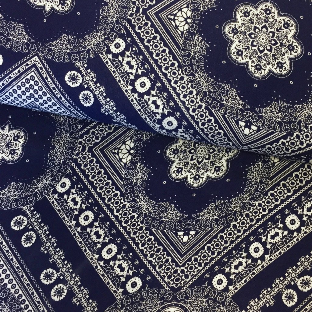 Tissu Viscose Bleu foncé Motifs aztèque Blancs