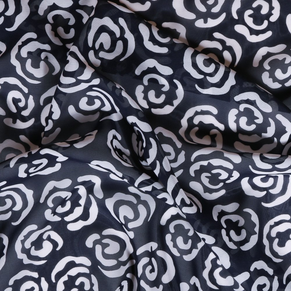 Tissu Mousseline Marine Roses aquarelle Blanches