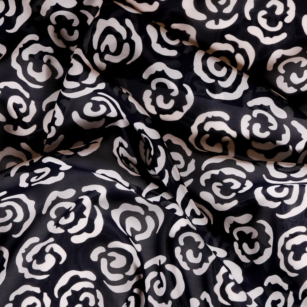 Tissu Mousseline Noir Roses aquarelle Blanches